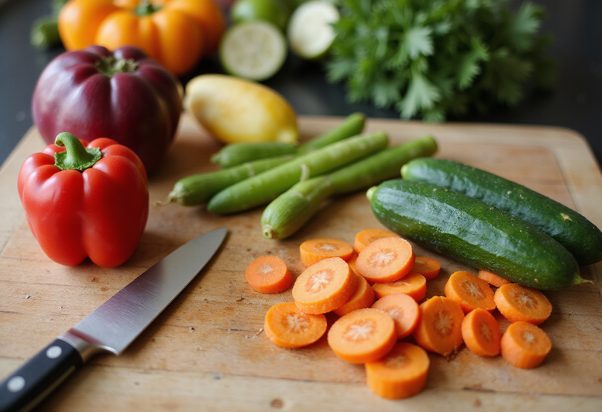 Chopping fresh garden vegetables in a sunny kitchen environment, preparing for delicious summer meals with a variety of colors and textures.