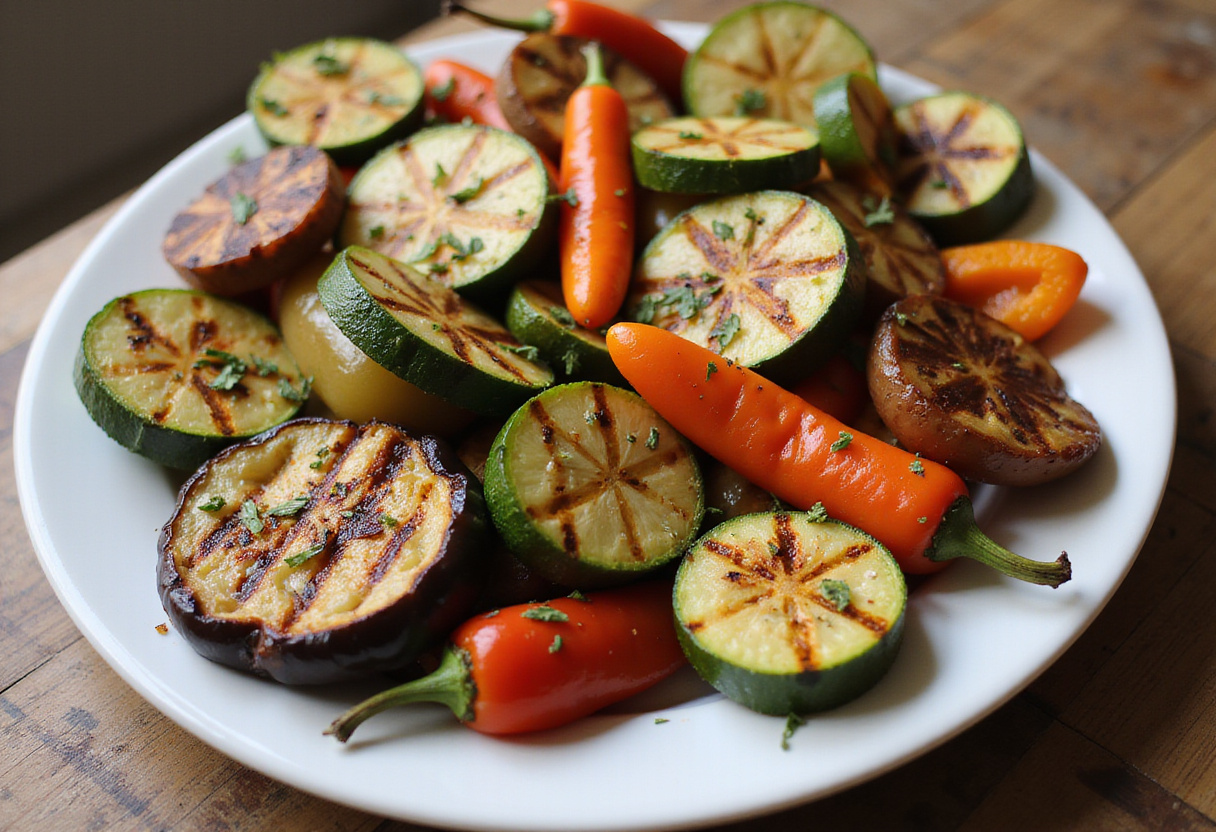A colorful platter of grilled garden vegetables, showcasing the seasonal harvest and ideal for summer dining, with vibrant colors and fresh herbs.