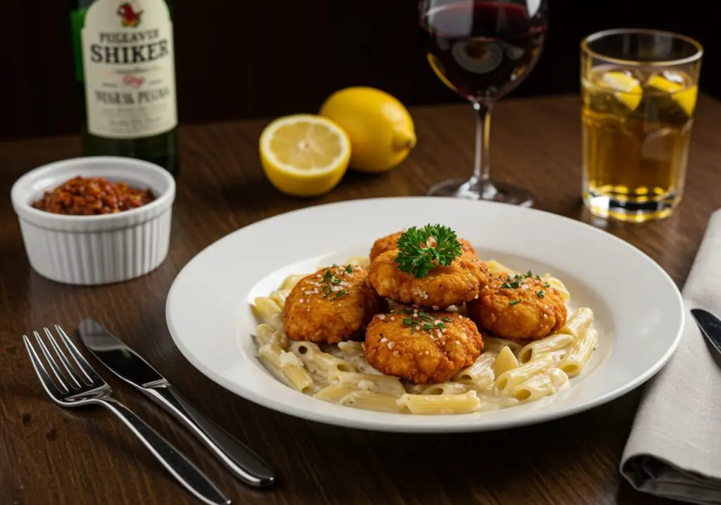 Gourmet garlic butter chicken bites with creamy pasta artfully plated for a satisfying meal.
