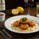 Gourmet garlic butter chicken bites with creamy pasta artfully plated for a satisfying meal.