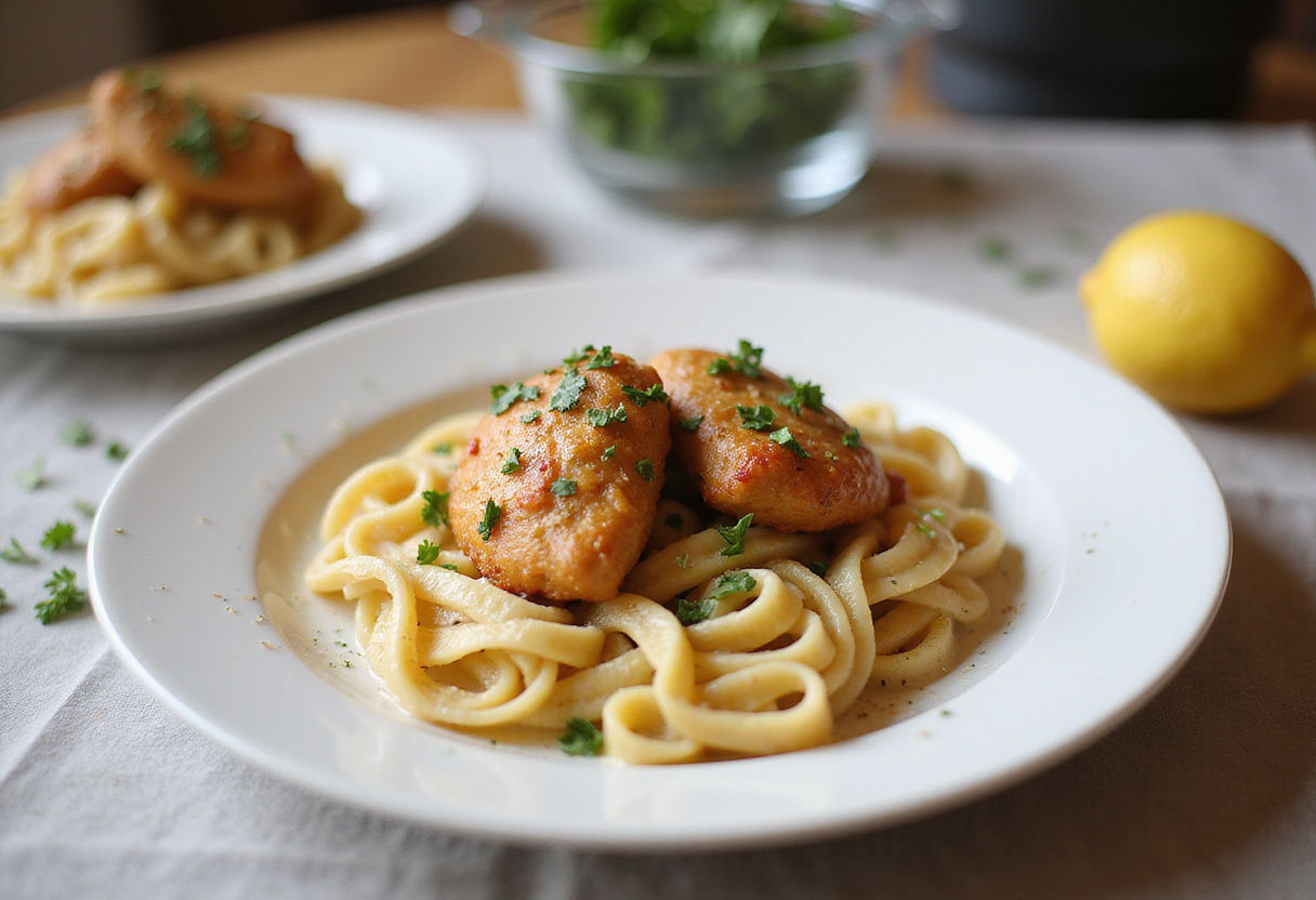 Gourmet garlic butter chicken bites with creamy pasta artfully plated for a satisfying meal.