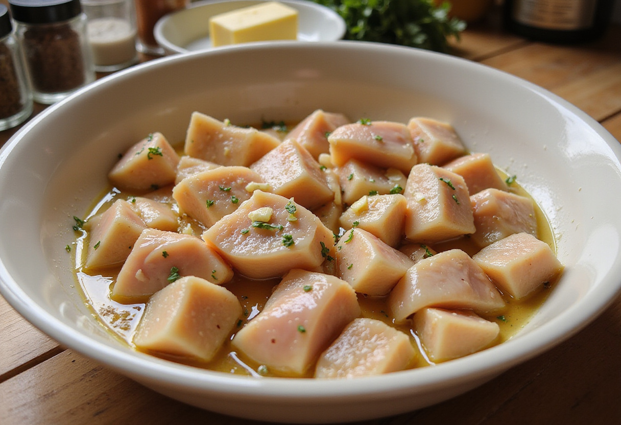 Marinated garlic butter chicken bites with fresh herbs ready for cooking.