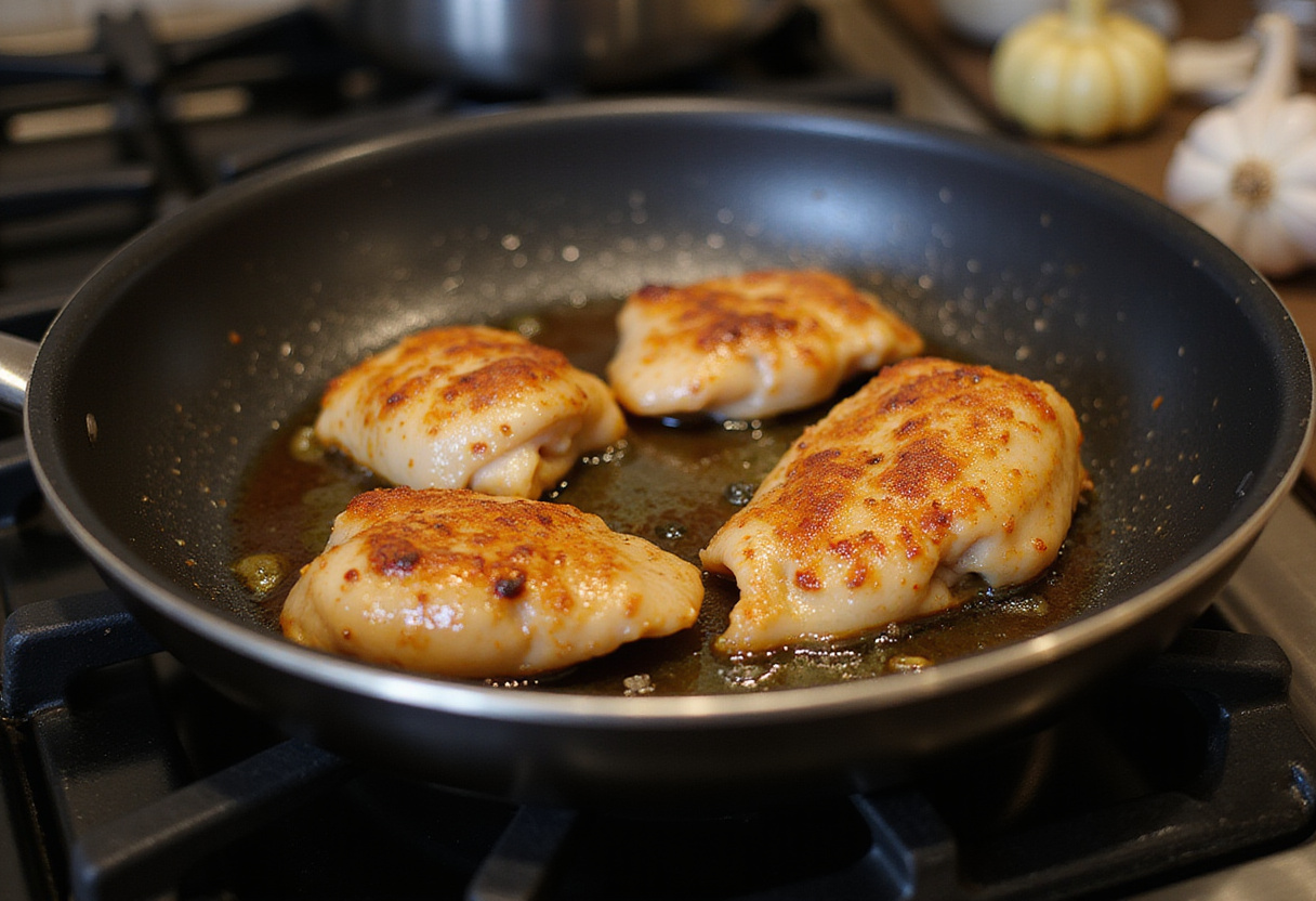 Cooking garlic butter chicken bites in a skillet for a flavorful dish.