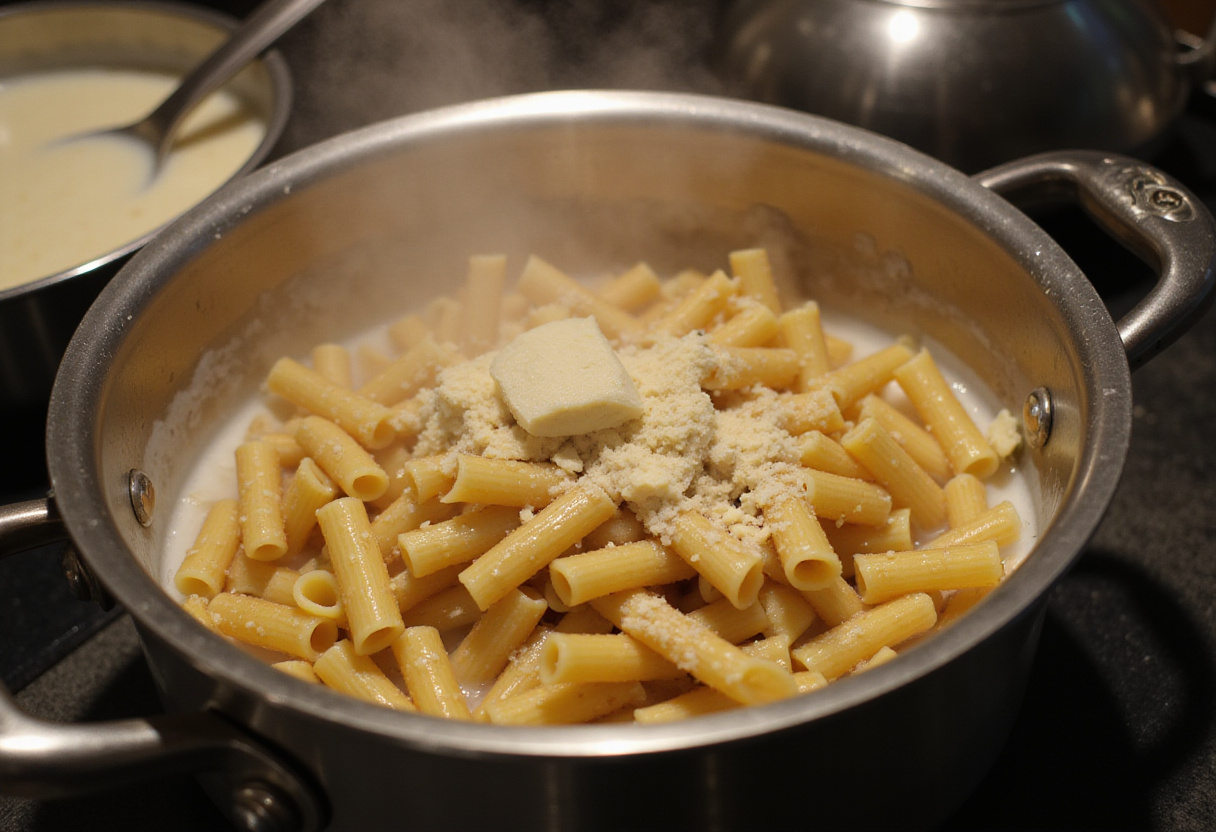 Rich and creamy sauce preparation for pasta, perfect for garlic butter chicken bites.