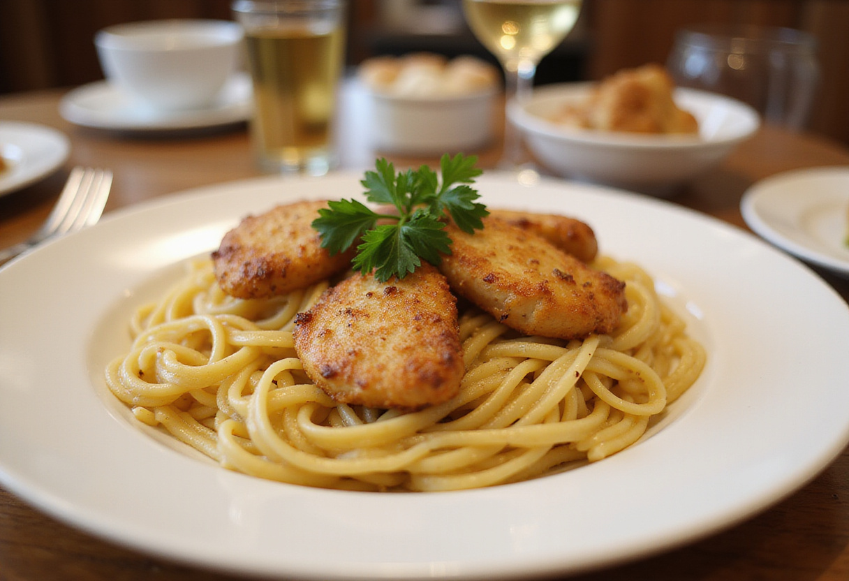 Delicious creamy pasta mixed with garlic butter chicken bites, ready to serve.