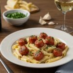Delicious Garlic Butter Sausage Bites served with Creamy Parmesan Pasta, showcasing a perfect blend of flavors and textures in an appetizing presentation.