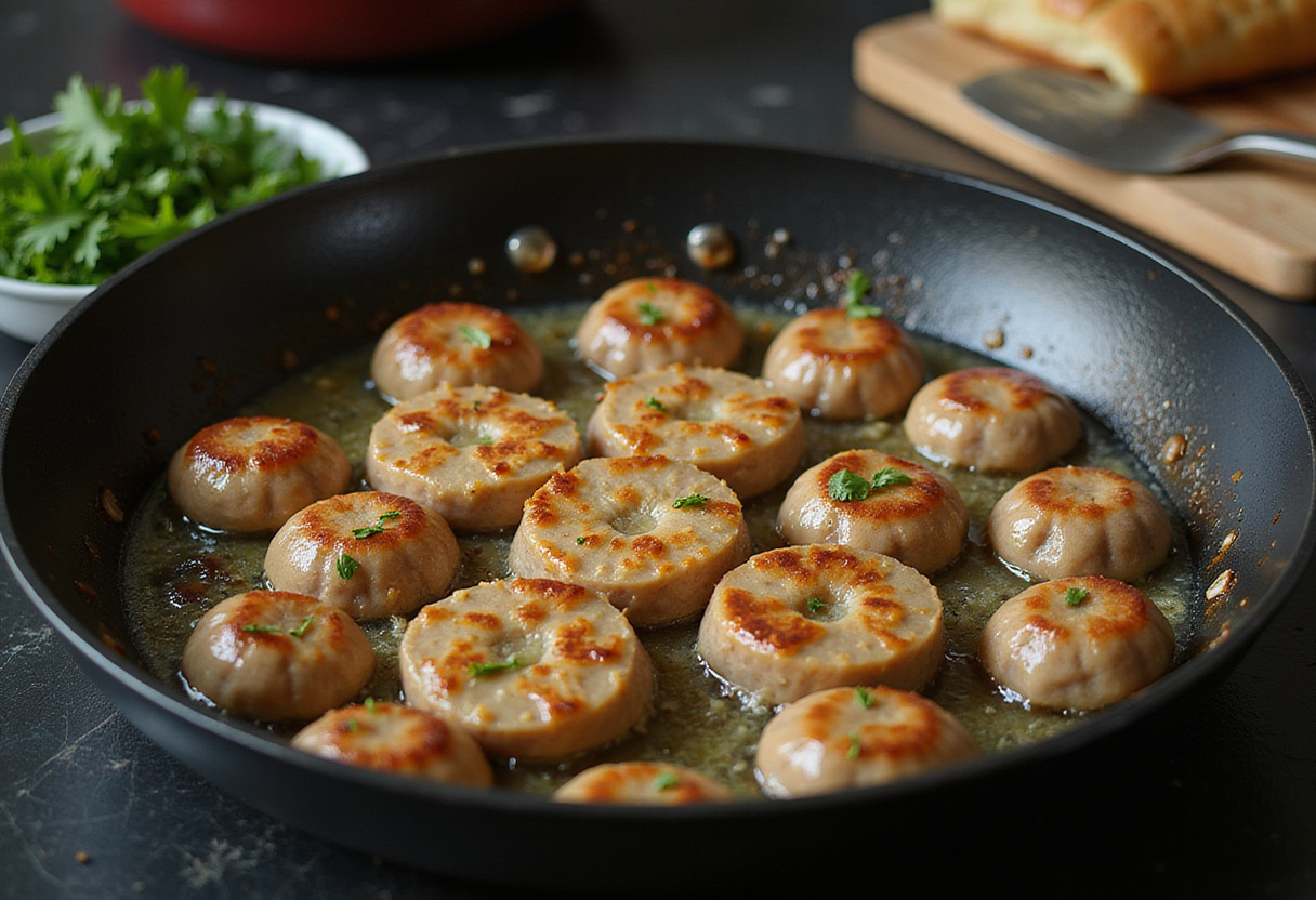 Preparing Garlic Butter Sausage Bites by sautéing minced garlic in melted butter, an essential step for adding flavor to the dish.