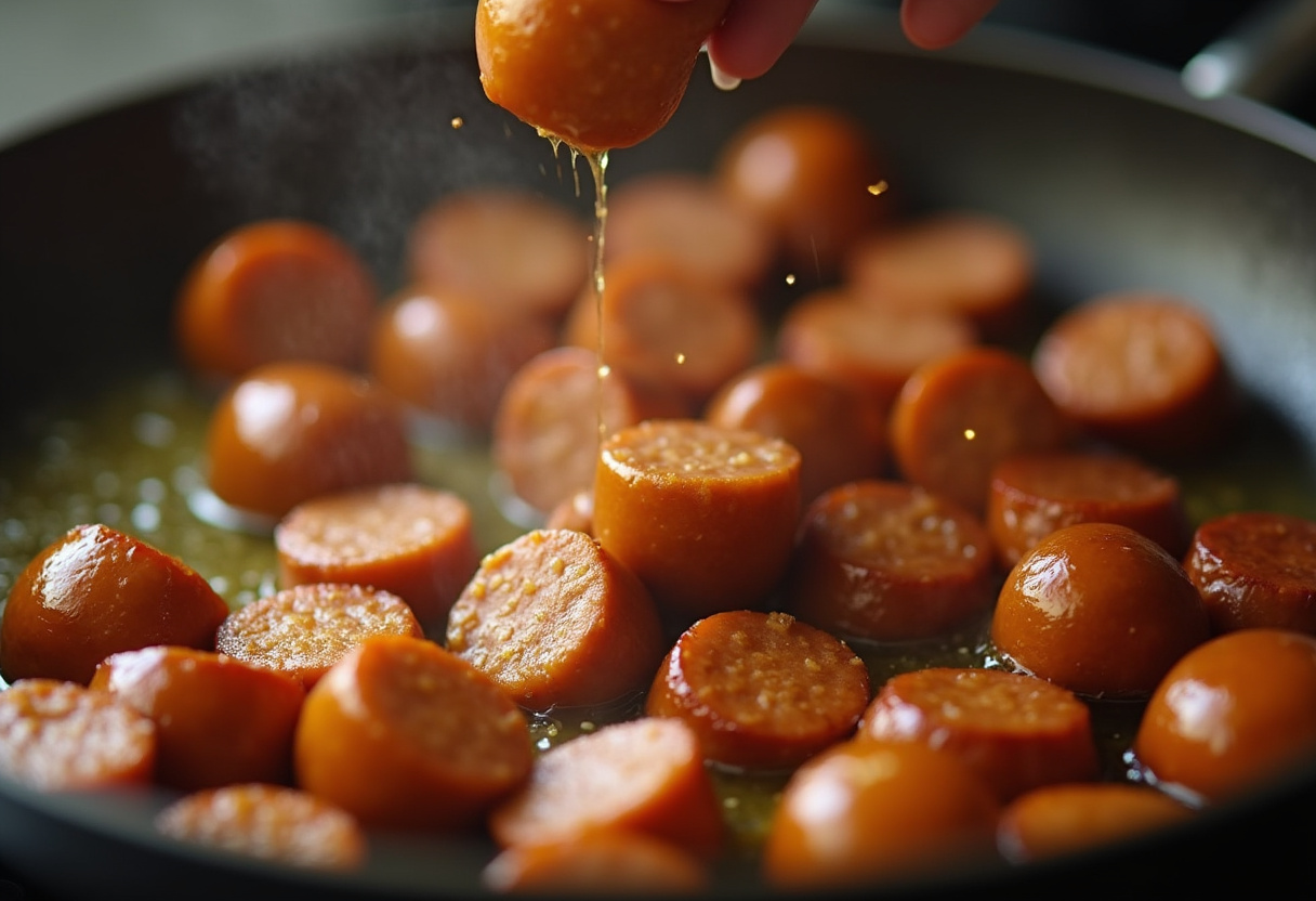 Cooking sausage bites in garlic butter for Garlic Butter Sausage Bites, enhancing the flavor and savory appeal of this delicious recipe.