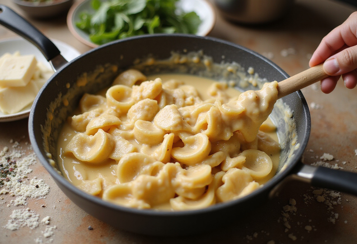 Cooking pasta for Creamy Parmesan Pasta, an important part of the Garlic Butter Sausage Bites dish that adds texture and heartiness.