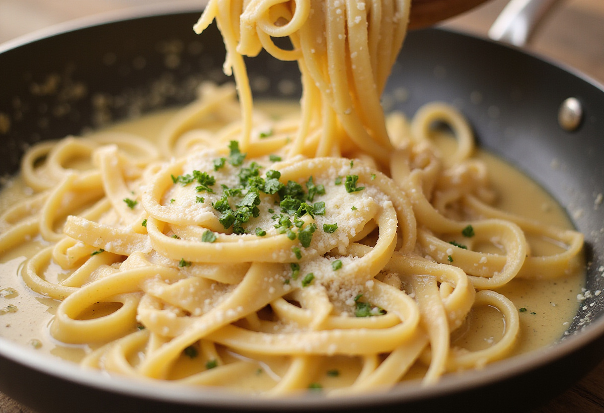 Making the creamy parmesan sauce for Garlic Butter Sausage Bites with Creamy Parmesan Pasta, adding a luscious touch to the dish.