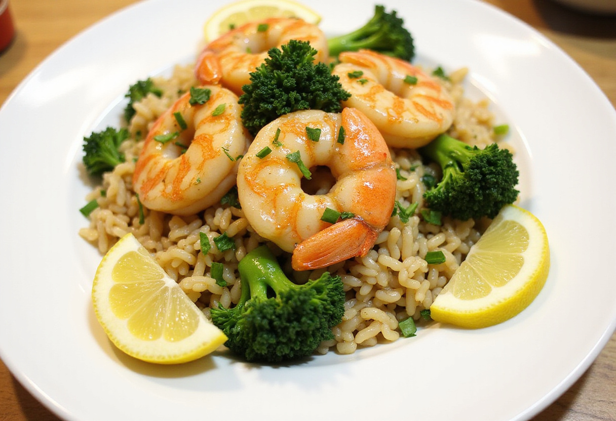 Delicious presentation of Garlic Butter Shrimp and Broccoli Rice, a healthy and hearty meal.