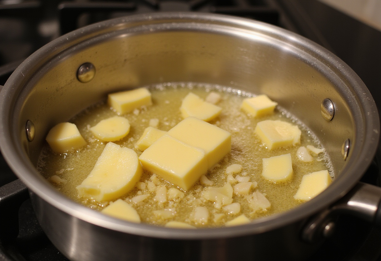 Melted garlic butter in a saucepan, perfect for Garlic Butter Shrimp and Broccoli Rice.