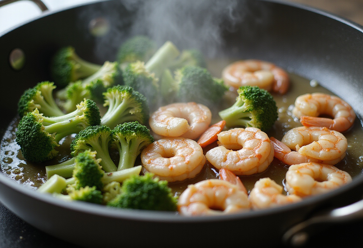 Sautéing shrimp and broccoli in garlic butter, a key step in Garlic Butter Shrimp and Broccoli Rice preparation.