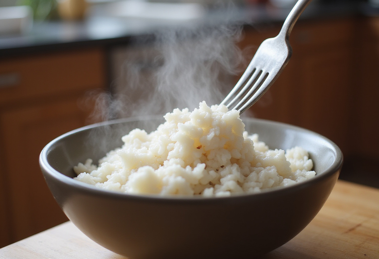 Fluffy white rice prepared for Garlic Butter Shrimp and Broccoli Rice dish.