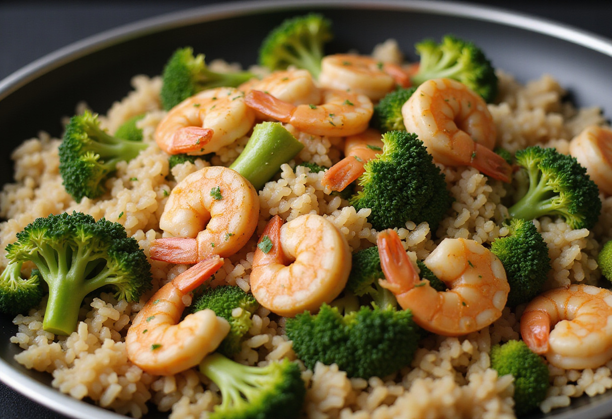 Combination of garlic butter shrimp, broccoli, and rice ready for plating in Garlic Butter Shrimp and Broccoli Rice.