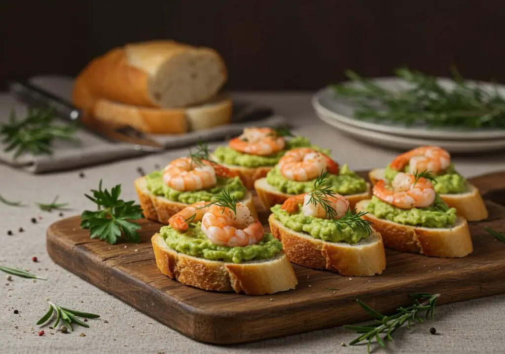 Beautifully arranged garlic shrimp crostini with avocado, showcasing a flavorful bite-sized delight ideal for appetizers at any gathering.