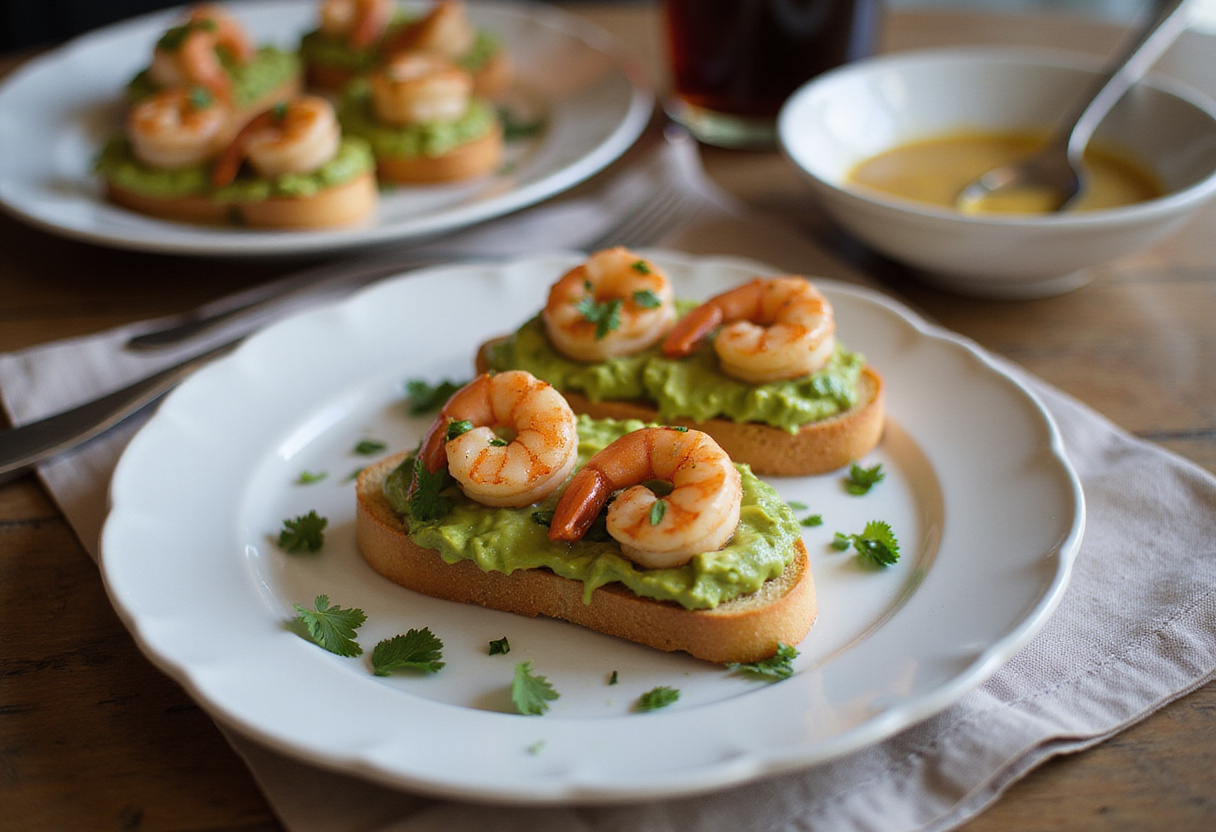 Beautifully arranged garlic shrimp crostini with avocado, showcasing a flavorful bite-sized delight ideal for appetizers at any gathering.