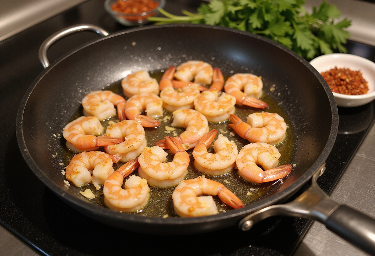 Delicious garlic shrimp cooking in olive oil, preparing for garlic shrimp crostini with avocado, a delightful bite-sized appetizer.