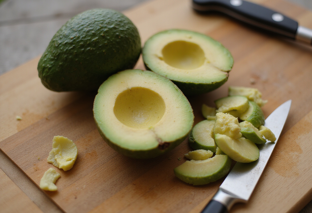Fresh avocados being prepared for garlic shrimp crostini, highlighting the creaminess essential for this flavorful appetizer.