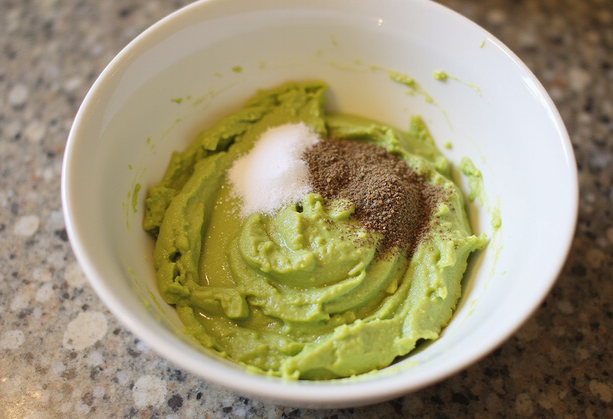 Avocado mash mixed with lime and spices, perfect for garlic shrimp crostini, showcasing the vibrant look and texture for a tasty topping.