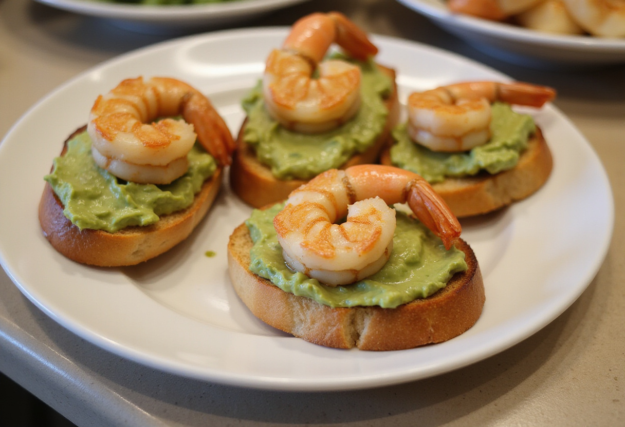 Toasted baguette crostini topped with creamy avocado and garlic shrimp, visualizing a delightful bite-sized delight perfect for entertaining.
