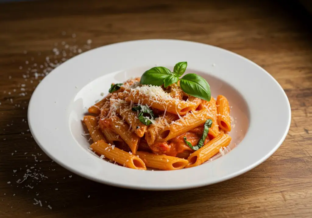 Delicious Gigi Hadid Spicy Vodka Pasta beautifully presented with basil and parmesan cheese, perfect for dinner.