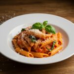 Delicious Gigi Hadid Spicy Vodka Pasta beautifully presented with basil and parmesan cheese, perfect for dinner.