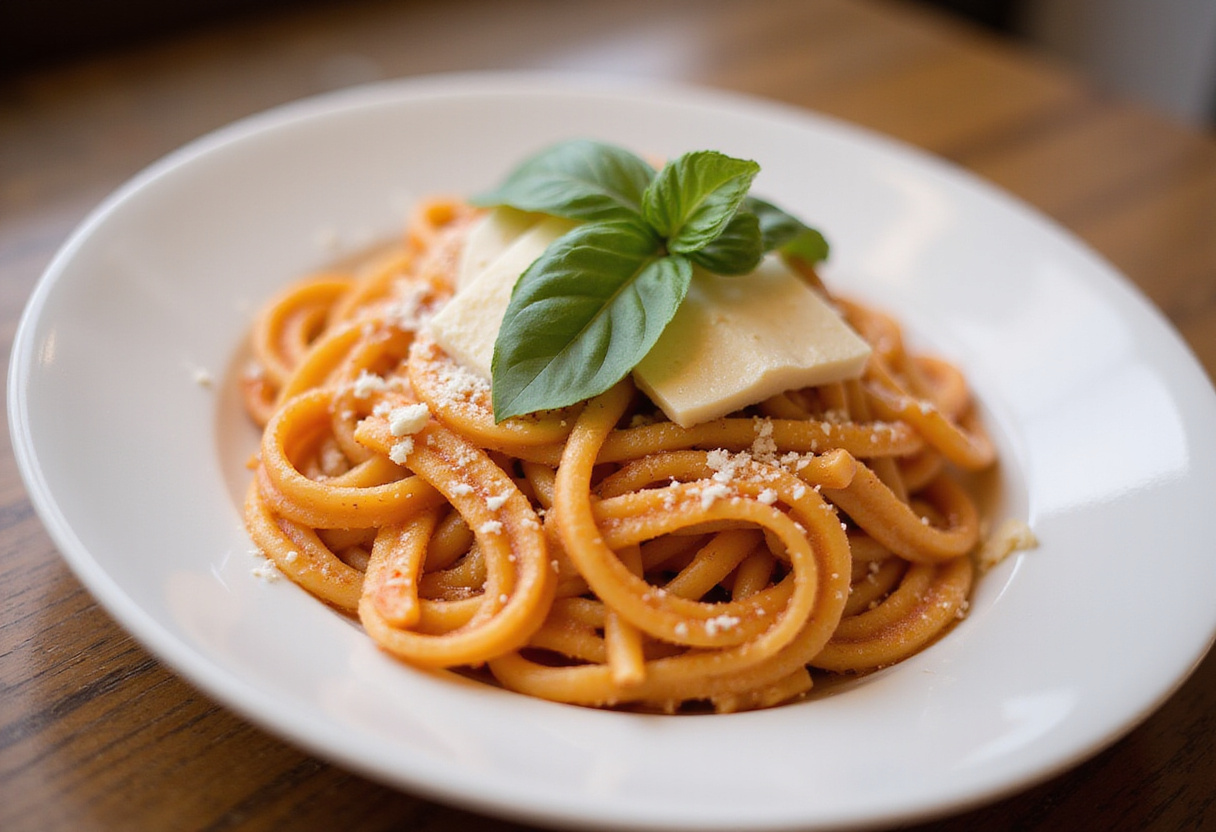 Delicious Gigi Hadid Spicy Vodka Pasta beautifully presented with basil and parmesan cheese, perfect for dinner.
