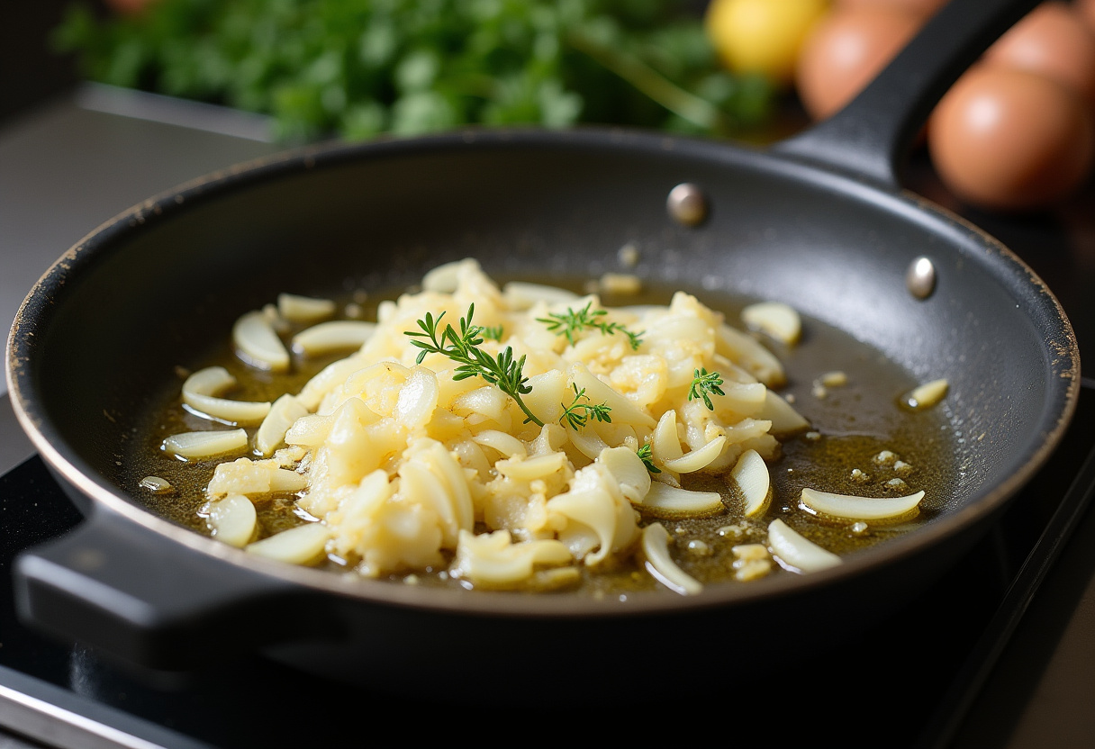 Sautéing onions and garlic in olive oil for Gigi Hadid Spicy Vodka Pasta, enhancing flavors.
