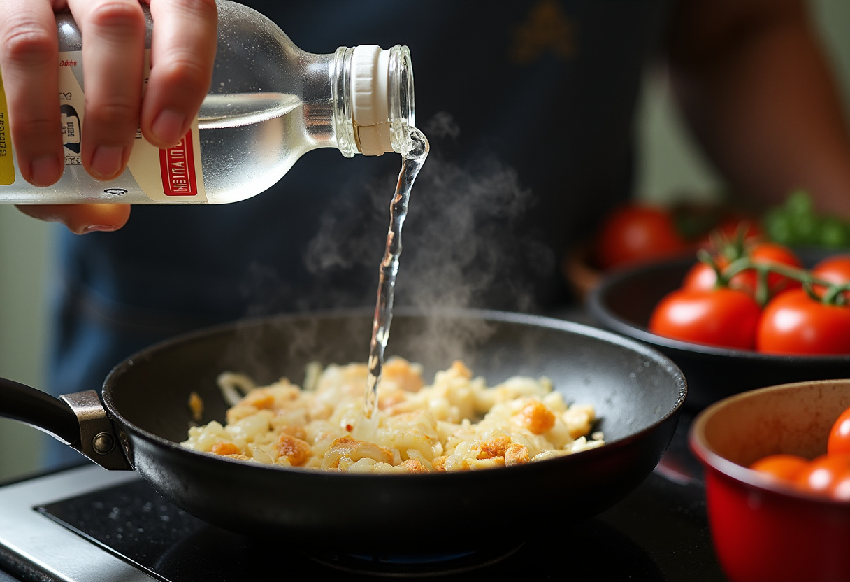 Pouring vodka into sautéed onions and garlic for Gigi Hadid Spicy Vodka Pasta to create a rich sauce.