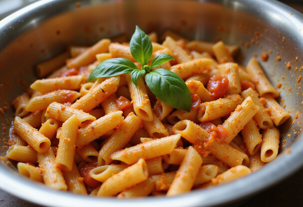 Mixing penne pasta with creamy tomato vodka sauce for Gigi Hadid Spicy Vodka Pasta, adding a fresh touch.