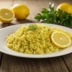 Deliciously presented Greek lemon rice with herbs and lemon wedges, showcasing the vibrant flavors of the dish.