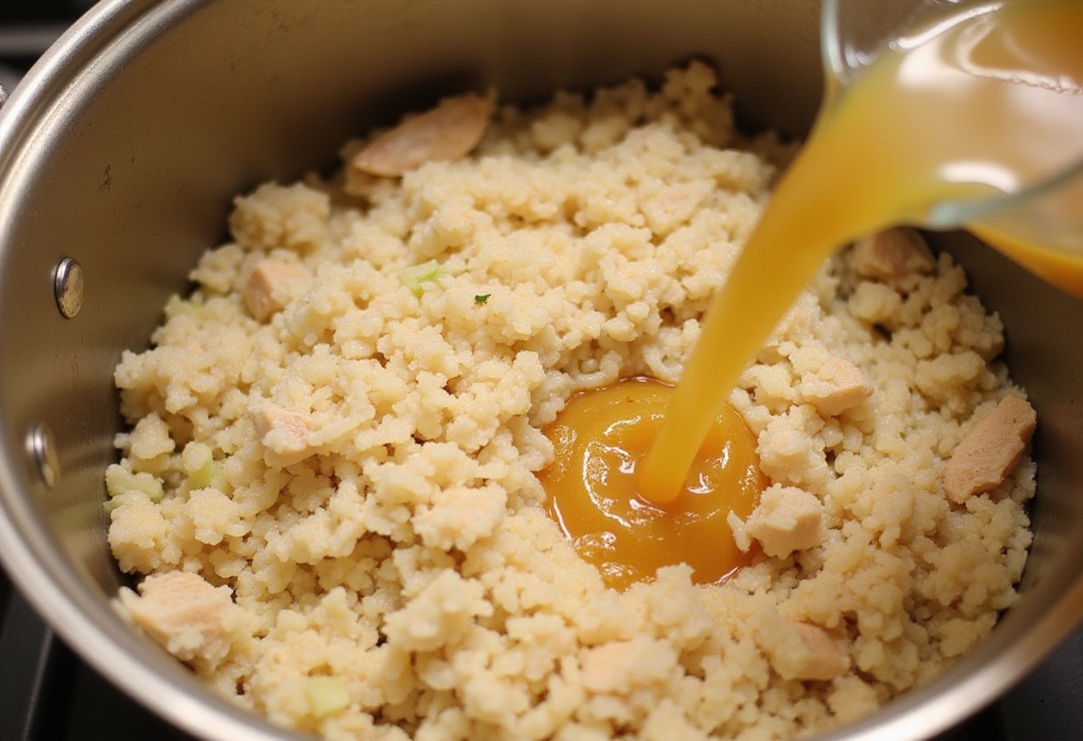 Add broth to the rice and onions blend, essential for making delicious Greek lemon rice.