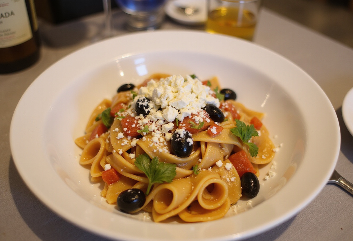Gourmet presentation of Greek Pasta with Feta and Olives, showcasing vibrant colors and textures, perfect for a delicious meal.