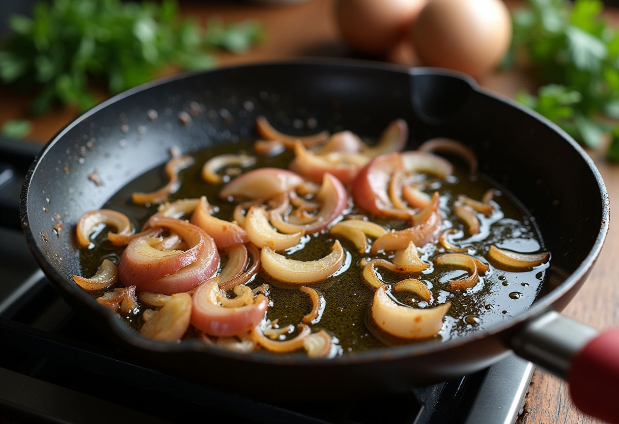Sautéing garlic and onions in olive oil for Greek Pasta, enhancing the flavors of the dish with fresh herbs.