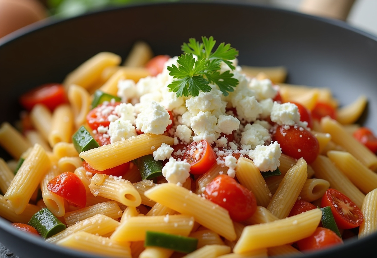 Combining Greek Pasta with sautéed vegetables and feta cheese, finalizing the dish with fresh parsley for a delightful presentation.