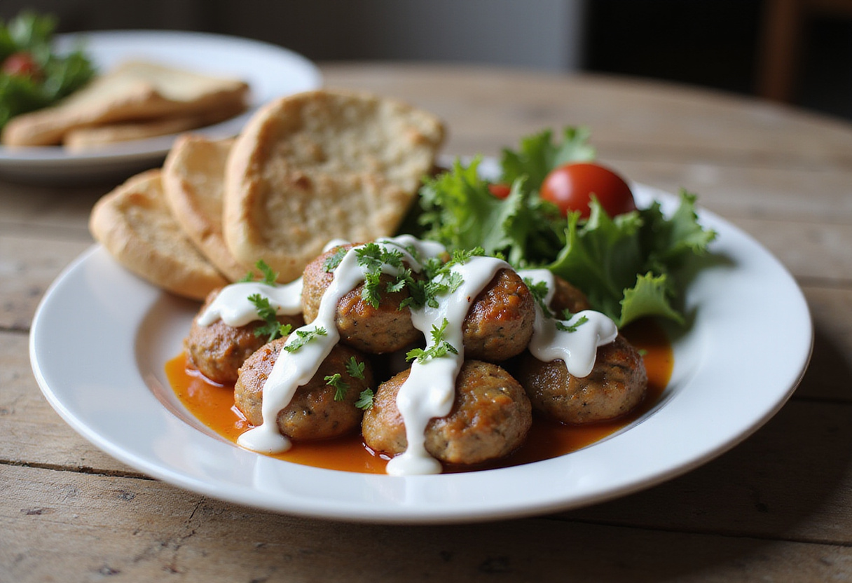 Final presentation of Greek Turkey Meatballs with Tzatziki sauce on a rustic table, highlighting a delicious Mediterranean meal.