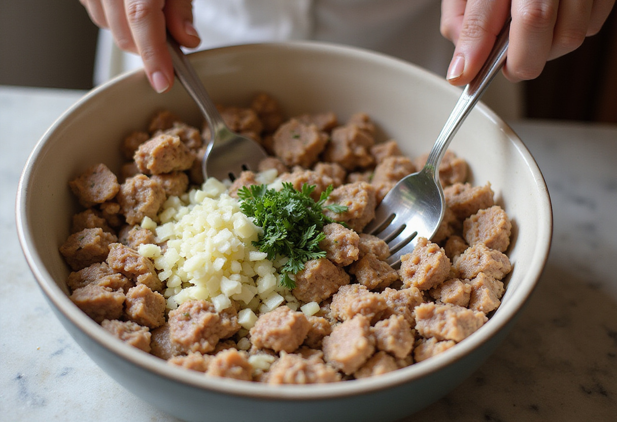 Preparation of Greek Turkey Meatballs with fresh ground turkey, herbs, and onions in a bright kitchen environment.