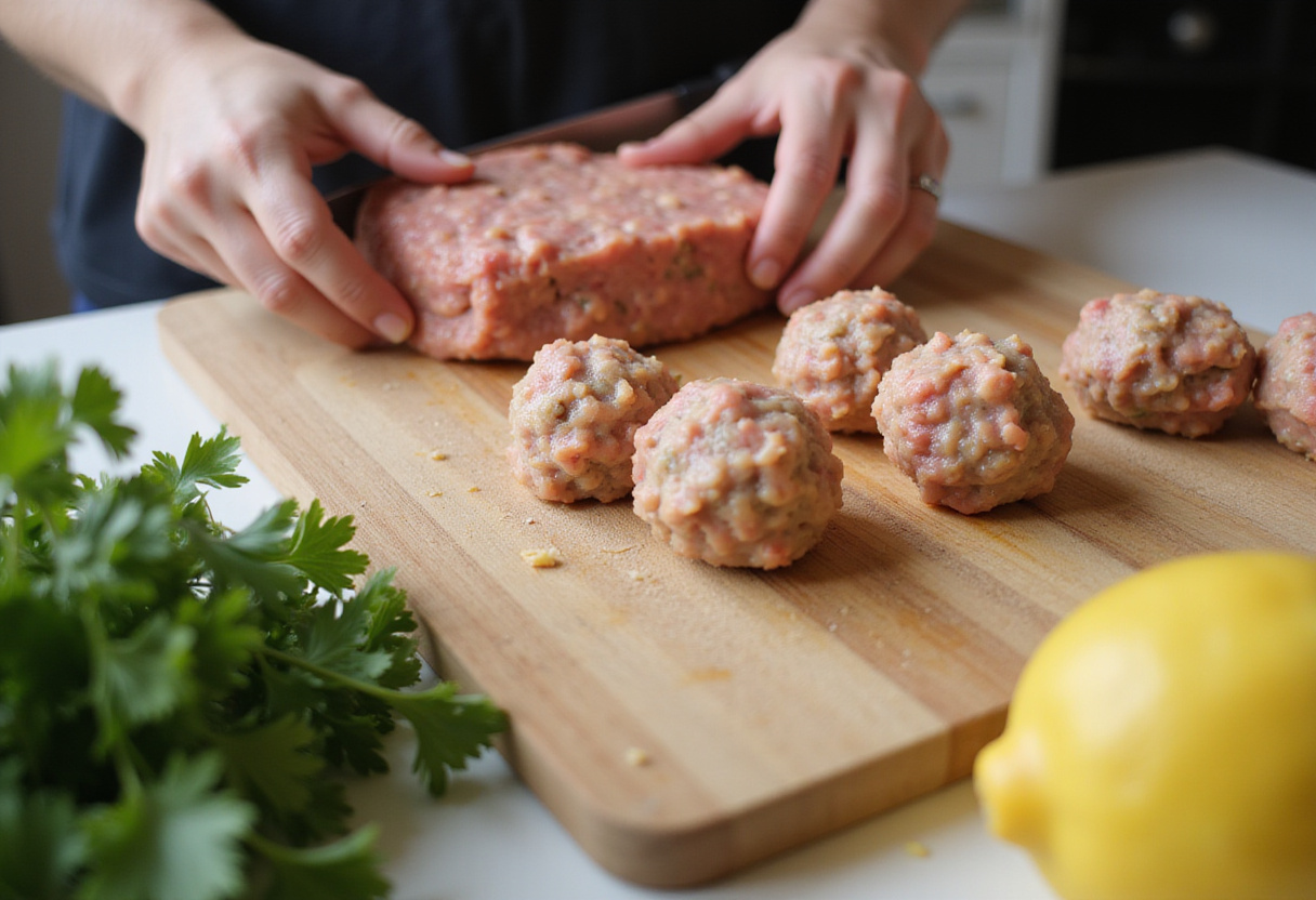 Forming Greek Turkey Meatballs into round balls on a cutting board, highlighting fresh ingredients for a healthy meal.