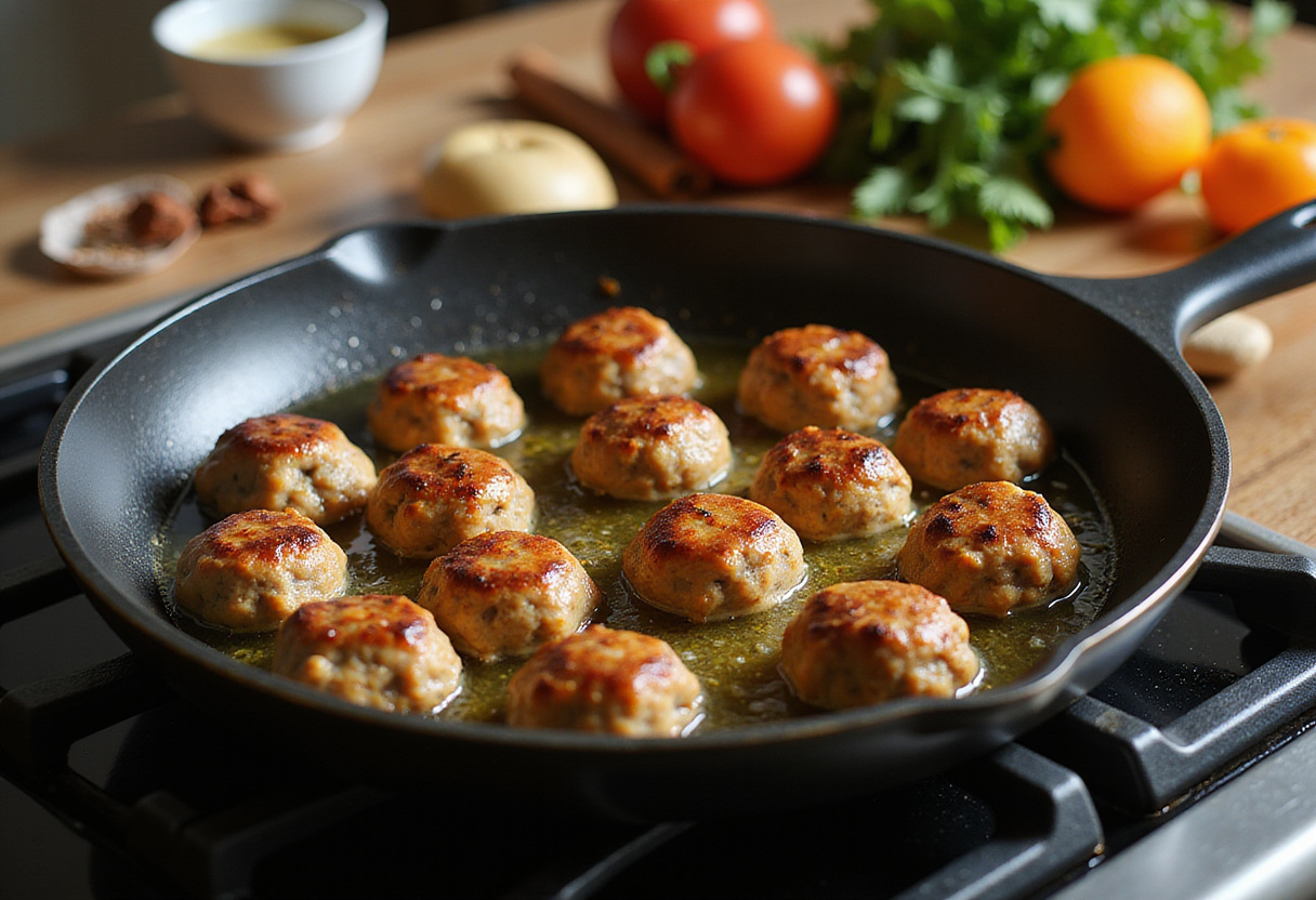 Cooking Greek Turkey Meatballs in a hot skillet, showcasing a delicious golden-brown crust with Mediterranean spices.