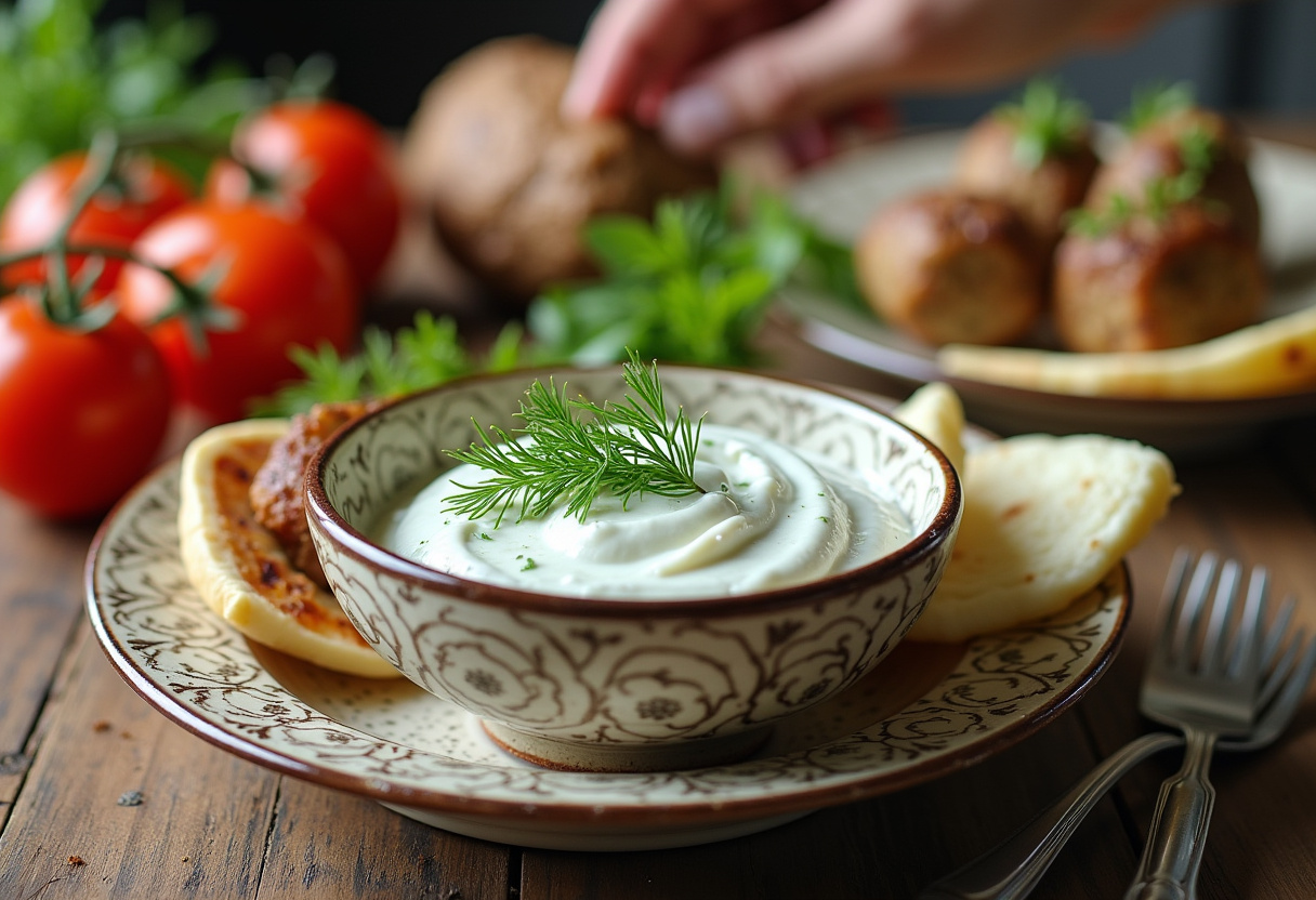 Serving homemade tzatziki sauce with Greek Turkey Meatballs, emphasizing the Mediterranean flavors and healthy ingredients.