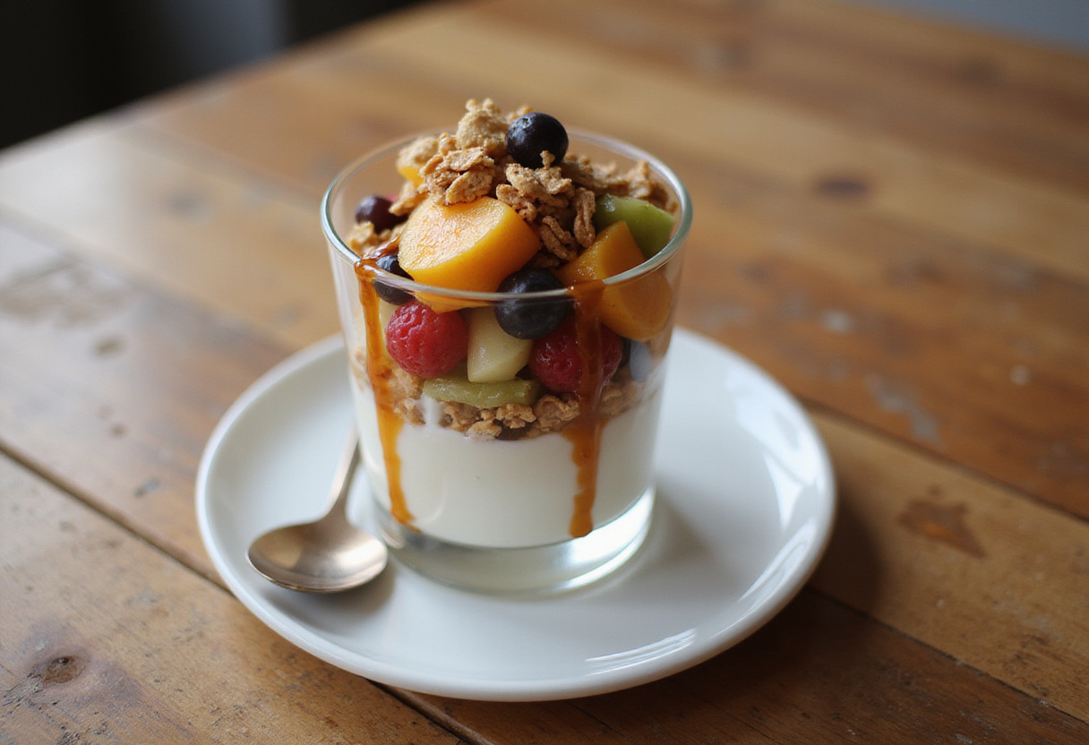 Delicious and visually appealing Greek yogurt parfait ready to serve, showcasing layers of yogurt, fresh fruits, and granola.