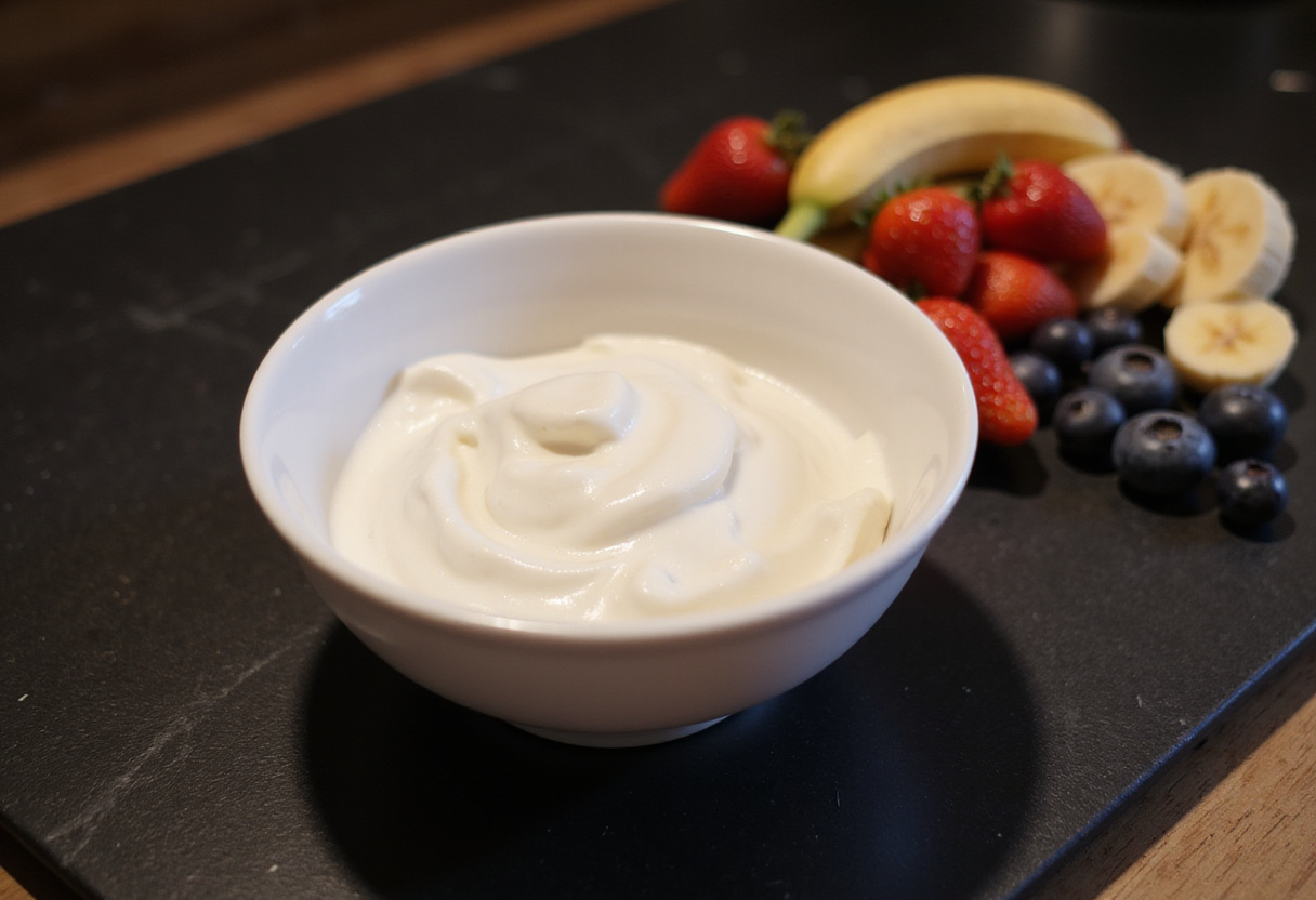 Fresh ingredients for Greek yogurt parfait including Greek yogurt, strawberries, blueberries, and bananas on a kitchen countertop.