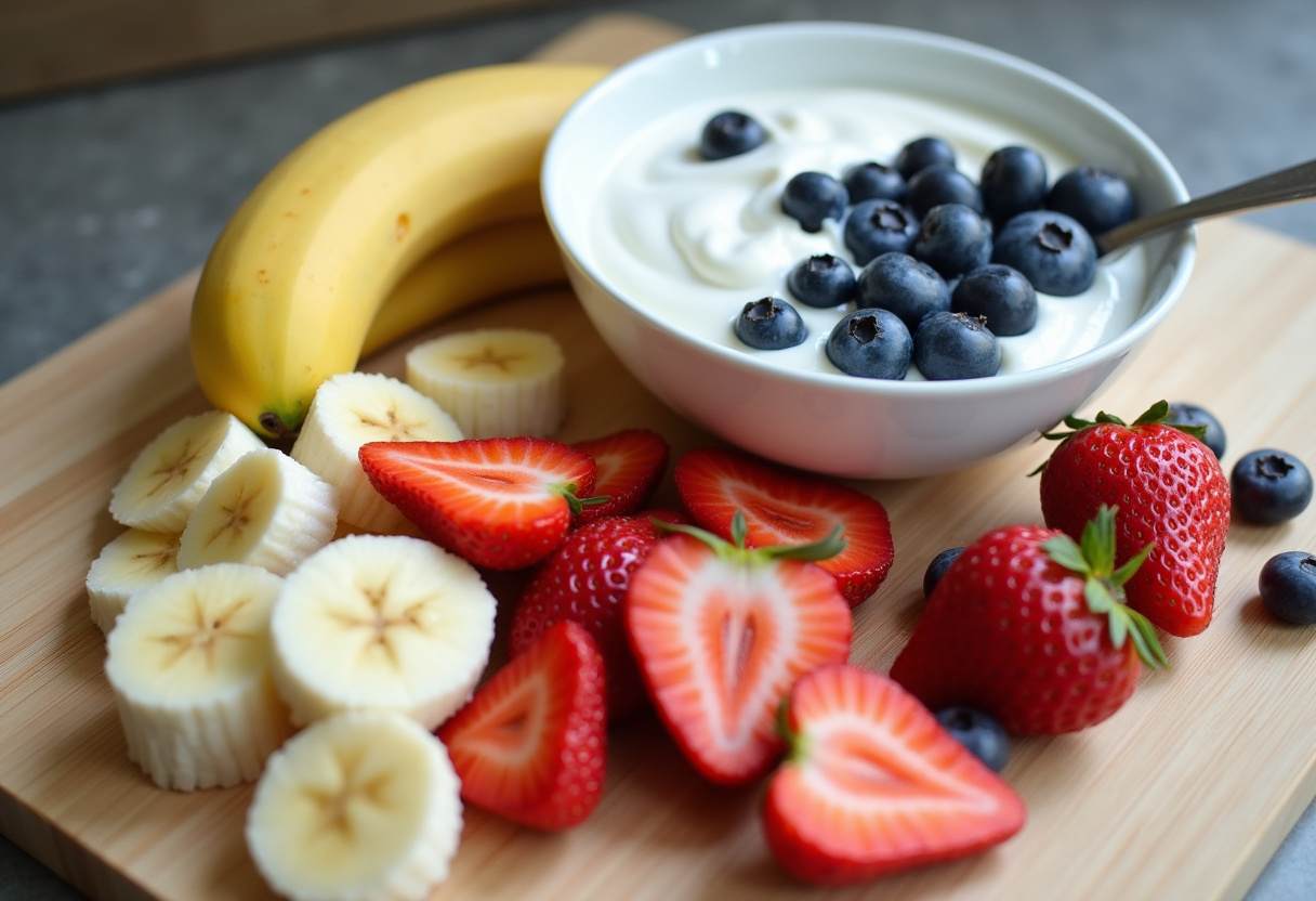 Preparing fresh fruit slices like bananas and strawberries for a delicious Greek yogurt parfait on a cutting board.