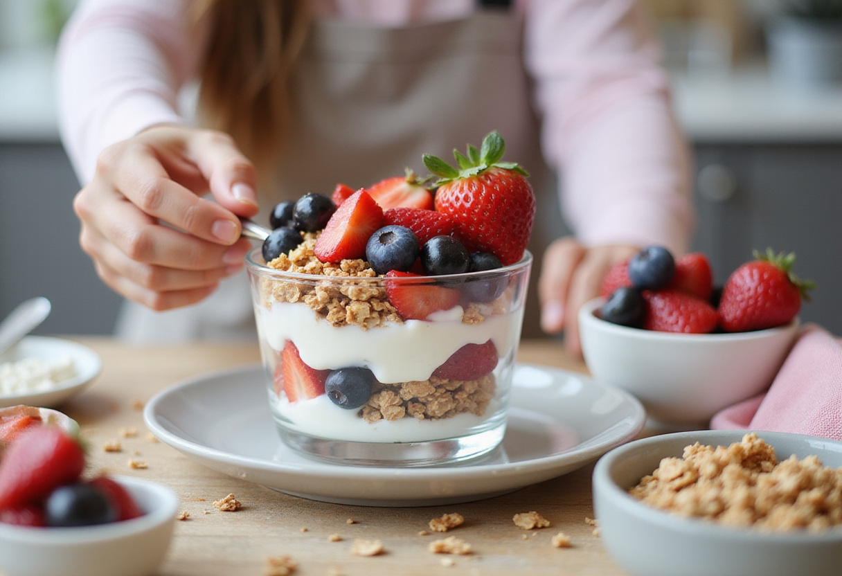Creating a delicious Greek yogurt parfait by layering yogurt, fruits, and granola in a clear glass.