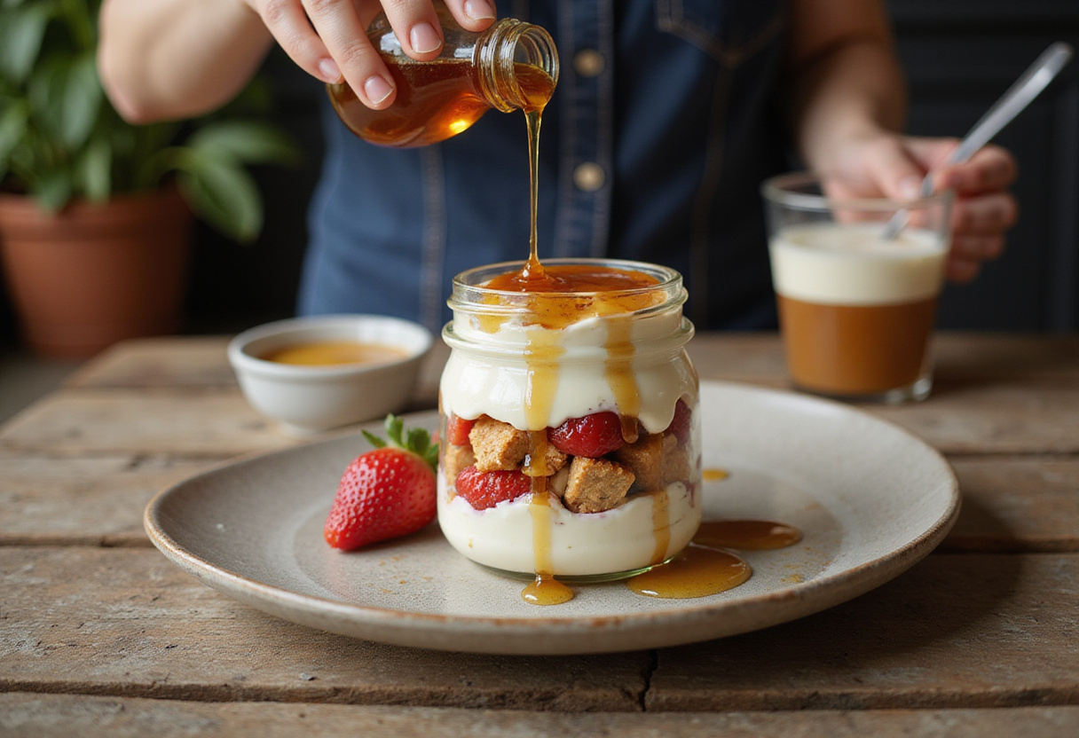 Final touch to a Greek yogurt parfait by adding honey, enhancing its flavor and presentation.