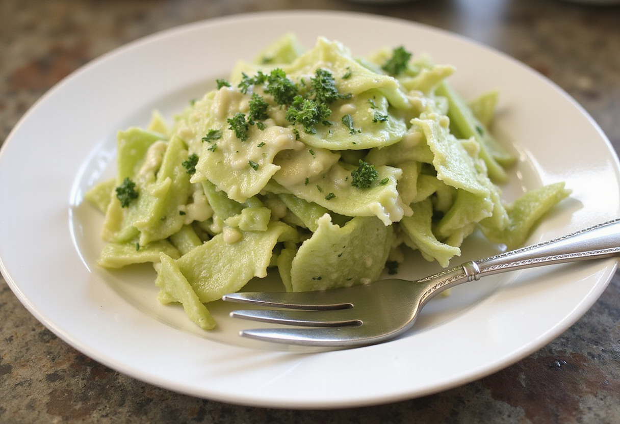 Final presentation of Green Goddess Cabbage Salad on a plate, highlighting the fresh ingredients and vibrant green dressing.