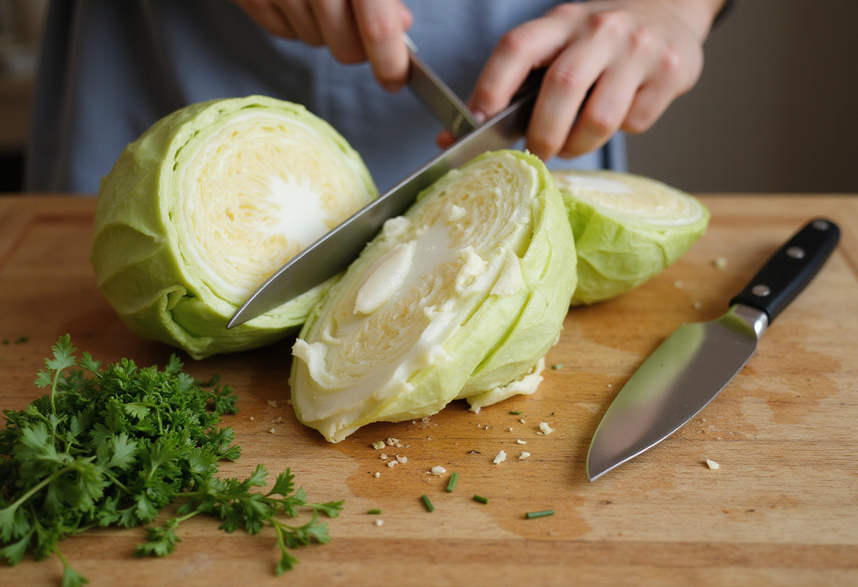 Fresh green cabbage being sliced for Green Goddess Cabbage Salad, showcasing vibrant green colors and fresh ingredients.