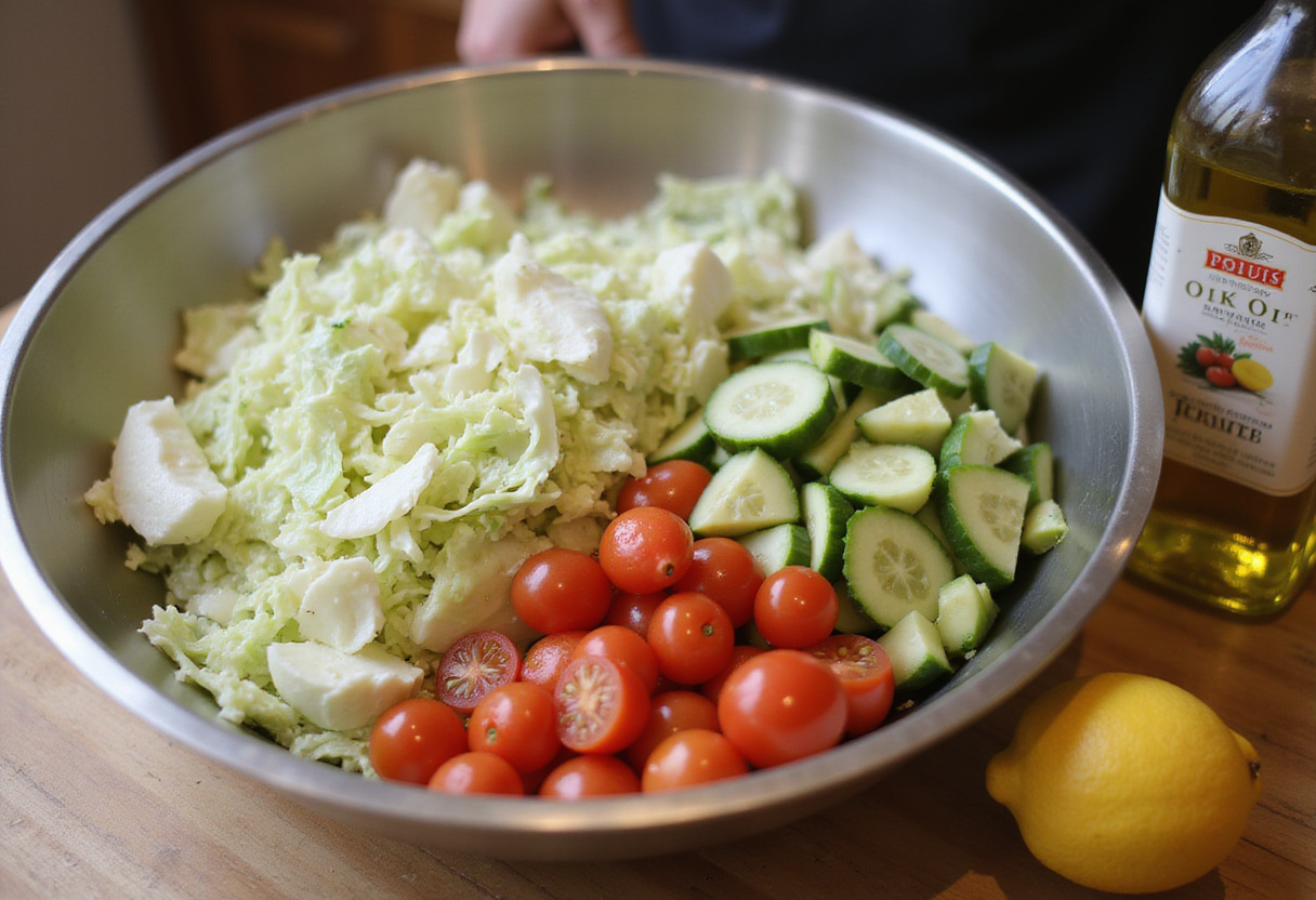 Preparation of Green Goddess Cabbage Salad with fresh veggies like cucumber and cherry tomatoes ready for mixing.