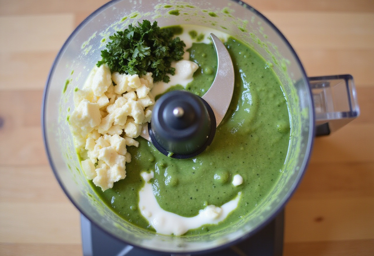 Making the creamy green goddess dressing for cabbage salad in a food processor, highlighting the fresh herbs and yogurt mixture.